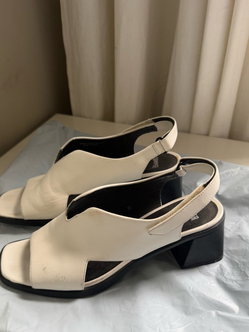 Camper White Leather Open Slip-On Sandals with Black Heel